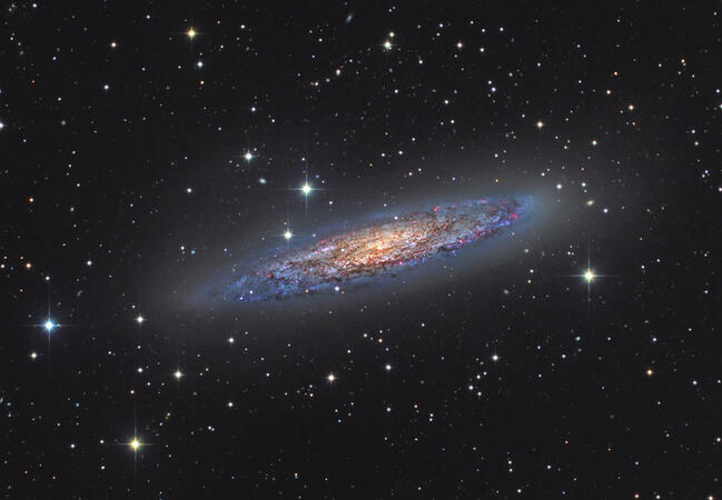 Галактиката NGC 253 в съзвездието Скулптор. Открита през 1783 г. от Каролин Хершел, тази галактика е рядък пример за галактика на звездообразуване, където темповете на формирането на нови звезди многократно превишават скоростта на Млечния път.