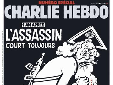 Карикатура на Бог убиец върху корицата на Charlie Hebdo година след ужаса