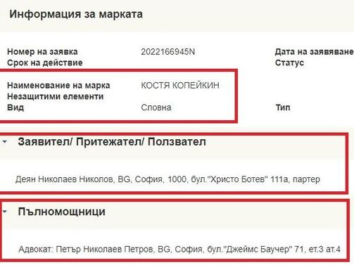 Костя Копейкин вече е търговска марка регистрирана в Патентното ведомство