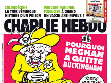 Шарли Ебдо се изгаври с кралицата: Елизабет е затиснала с коляно врата на Меган на карикатура